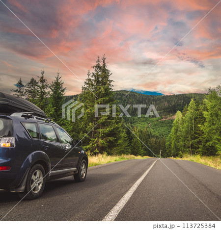car for traveling with a mountain road 113725384