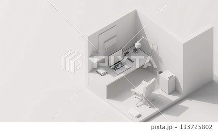 In the pristine white space, an isometric view unveils a cube-shaped box office, a microcosm of modern productivity 113725802