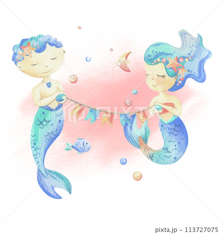 Mermaids is a little girl and boy. Watercolor illustration hand drawn with pastel colors turquoise, blue, coral, pink. Pre-made composition isolated from background 113727075