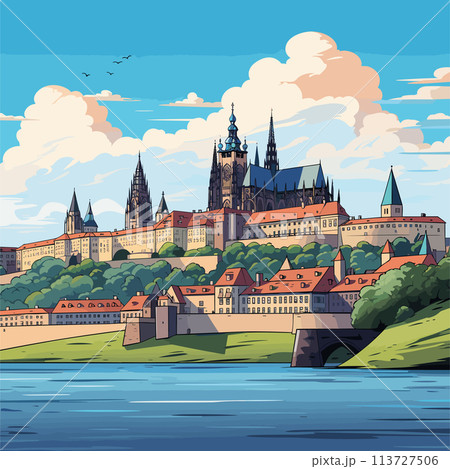 Prague castle hand-drawn comic illustration. Prague castle. Vector doodle style cartoon illustration 113727506