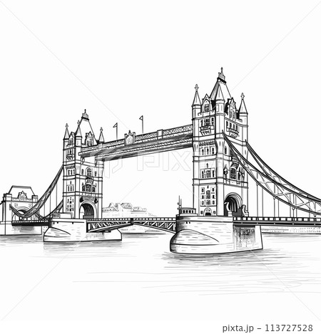 Tower Bridge hand-drawn comic illustration. Tower Bridge. Vector doodle style cartoon illustration 113727528