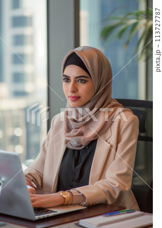 Focused arab businesswoman in hijab working on laptop in modern office 113727787