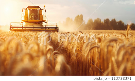 Combine harvester harvests field of mature wheat on sunny day 113728371