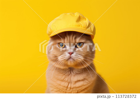 Serious ginger cat in hat on bright yellow background 113728372