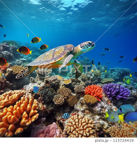 Coral reef many fishes sea turtle Coral reef many fishes sea turtle 113728419