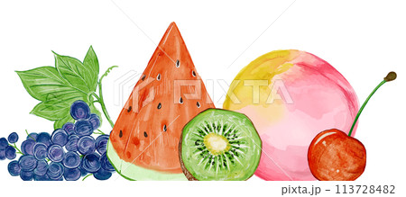 水彩で描いた縦にも横にも使える夏のフルーツの盛り合わせイラストフレーム素材 113728482