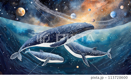 絵画　クジラ　宇宙　クラゲ 何億光年先に瞬間移動できる入り口を 全身のセンサーで探知して