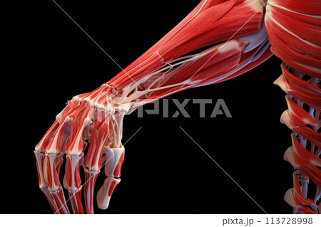 This 3D representation emphasizes pain, inflammation, interaction between bones, muscles, tendons. AI Generative 113728998