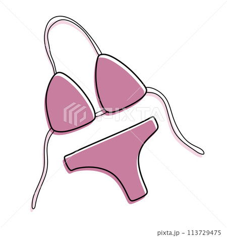 Summer beach swimsuit. Colorful Doodle Bikini On White background. Vector illustration in cartoon style. Outline Design element, print of Vacation Costume for Swimming, Sunbathe and Leisure Activity 113729475