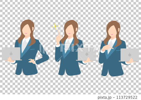 一位女商人的上半身，拿著電腦有想法，展示電腦螢幕並解釋 113729522