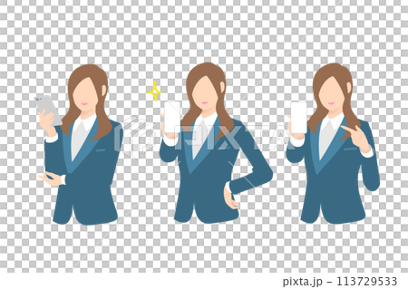 一位女商人的上半身拿著 SP 顯示螢幕並指著 113729533