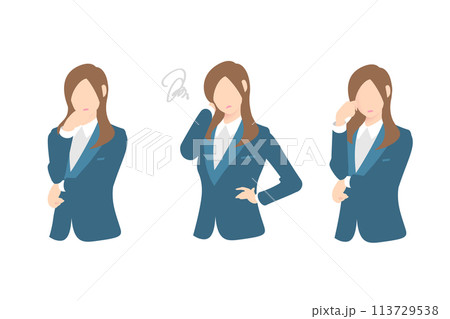 考え中、お手上げ、悩み中の女性ビジネスパーソン上半身 113729538