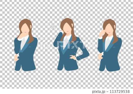 考え中、お手上げ、悩み中の女性ビジネスパーソン上半身 113729538