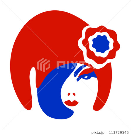 Woman in phrygian cap. Minimalistic vector isolated illustration in colors of french flag. Woman in phrygian cap. Minimalistic vector isolated illustration in colors of french flag. 113729546