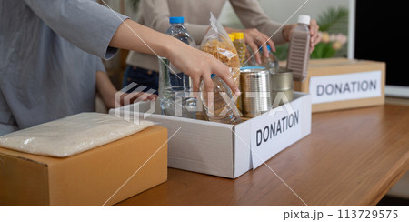 Volunteer preparing free foodstuff rations for poor people. Charity two woman of the community work together. concept of giving and humanitarian aid Volunteer preparing free foodstuff rations for poor people. Charity two woman of the community work together. concept of giving and humanitarian aid 113729575
