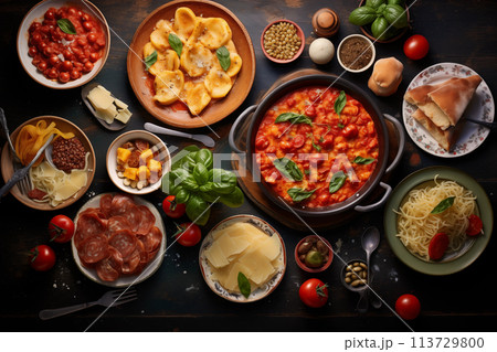 Italian various food on wooden table 113729800