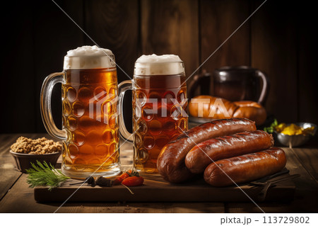 German sausages and beer in glass 113729802