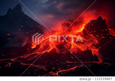 Dramatic volcanic lava eruption 113729807
