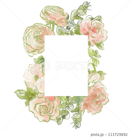 Oil painting abstract frame of ranunculus, peony and eucalyptus. Hand painted floral composition isolated on white background. Illustration for design, print, fabric or background. 113729892