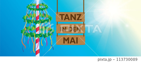 hanging wooden sign tanz in den mai maypole with colorful ribbons vector illustration hanging wooden sign tanz in den mai maypole with colorful ribbons vector illustration 113730089
