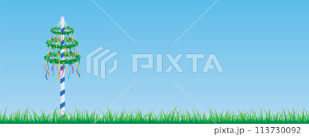 maypole with colorful ribbons on green meadow vector illustration maypole with colorful ribbons on green meadow vector illustration 113730092