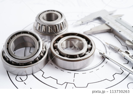 Engineering and precision tools with metal ball bering, mechanical industrial. 113730263