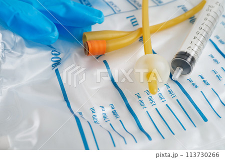 Foley catheter and urine drainage bag collect urine for disability or patient in hospital. 113730266