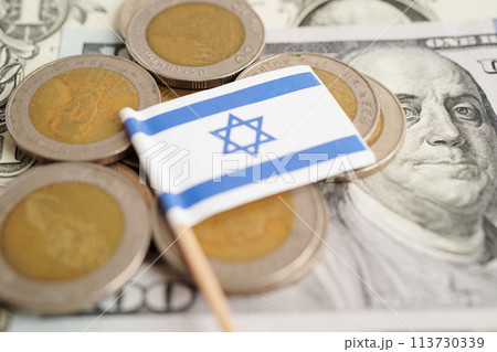 Israel flag on coin and banknote money, finance trading investment business currency concept. Israel flag on coin and banknote money, finance trading investment business currency concept. 113730339