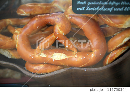 a baked Pretzel, traditional austrian cuisine 113730344