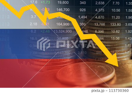 Russia flag with stock market finance, economy trend graph digital technology. Russia flag with stock market finance, economy trend graph digital technology. 113730360