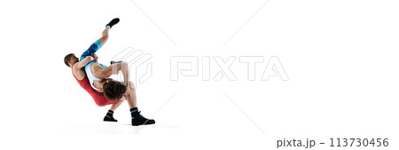 Athletes in motion, concentrated men, athletes, wrestlers in motion, training isolated on white background Athletes in motion, concentrated men, athletes, wrestlers in motion, training isolated on white background 113730456
