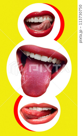 Contemporary art collage. Set. Three mouths in pop art style, each with bright tongue sticking out playfully. Trendy magazine style. 113730750