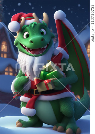 3D illustration of the magic cute green dragon with Christmas Hat 113730755