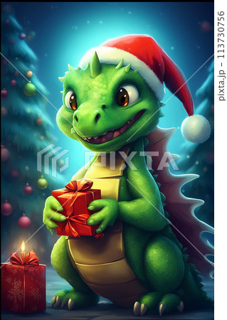 3D illustration of the magic cute green dragon with Christmas Hat 113730756