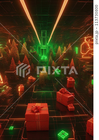 Cyberpunk Christmas 3D illustration of beautiful science fiction, Cyberpunk Christmas 3D illustration of beautiful science fiction, 113730800