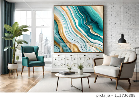 Marble abstract acrylic painting in the interior of the room. Marble abstract acrylic painting in the interior of the room. 113730889