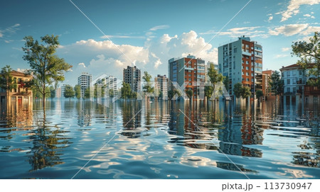 A city submerged in water with buildings and trees floating A city submerged in water with buildings and trees floating 113730947