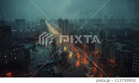 Cityscape of skyscrapers in rain at night, creating a mesmerizing atmosphere 113730958
