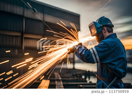 Male in face mask welds with argon arc welding. 113730959