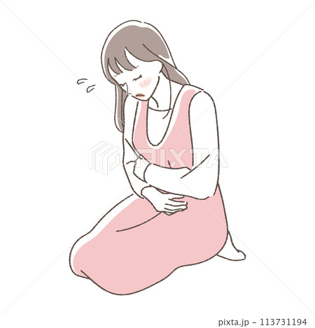 お腹を抑える女性のイラスト。 お腹を抑える女性のイラスト。 113731194