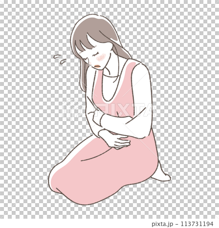 お腹を抑える女性のイラスト。 お腹を抑える女性のイラスト。 113731194