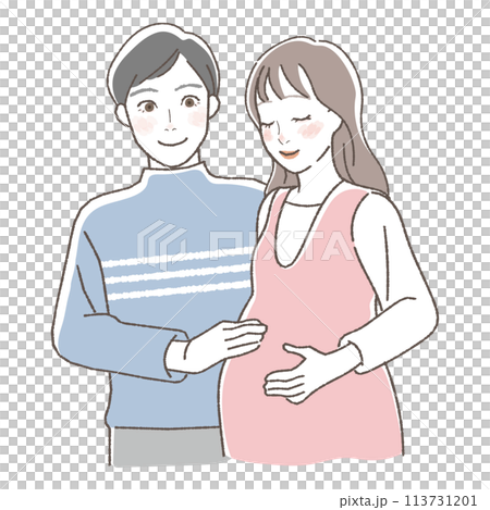 An illustration of a pregnant woman and her husband stroking her belly. An illustration of a pregnant woman and her husband stroking her belly. 113731201