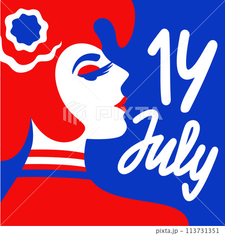 Woman in phrygian cap. Minimalistic vector isolated illustration in colors of french flag with lettering. 14 July. Bastille Day. Woman in phrygian cap. Minimalistic vector isolated illustration in colors of french flag with lettering. 14 July. Bastille Day. 113731351