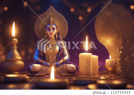 Diwali Holiday greeting card with two burning di ya. 113731415