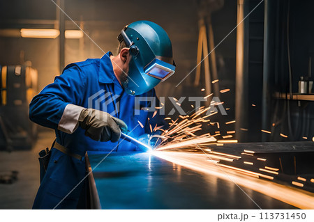 welder doing metal work at night, front and background 113731450