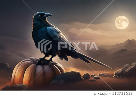 illustration with raven and pumpkins on a halloween theme 113731518
