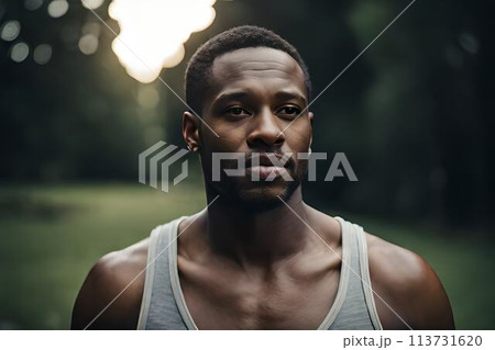 Portrait of an African American man with a naked torso in a dark studio. 113731620