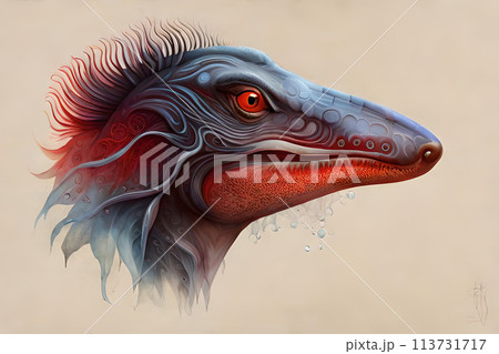 A painting of a dinosaur with a mountain in the background. 113731717