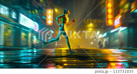 Energetic young woman in athletic attire enjoys evening run along city street with vibrant neon lights, embodying spirit of healthy lifestyle. Energetic young woman in athletic attire enjoys evening run along city street with vibrant neon lights, embodying spirit of healthy lifestyle. 113731835