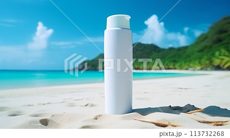 cosmetic white bottle on summer beach 113732268